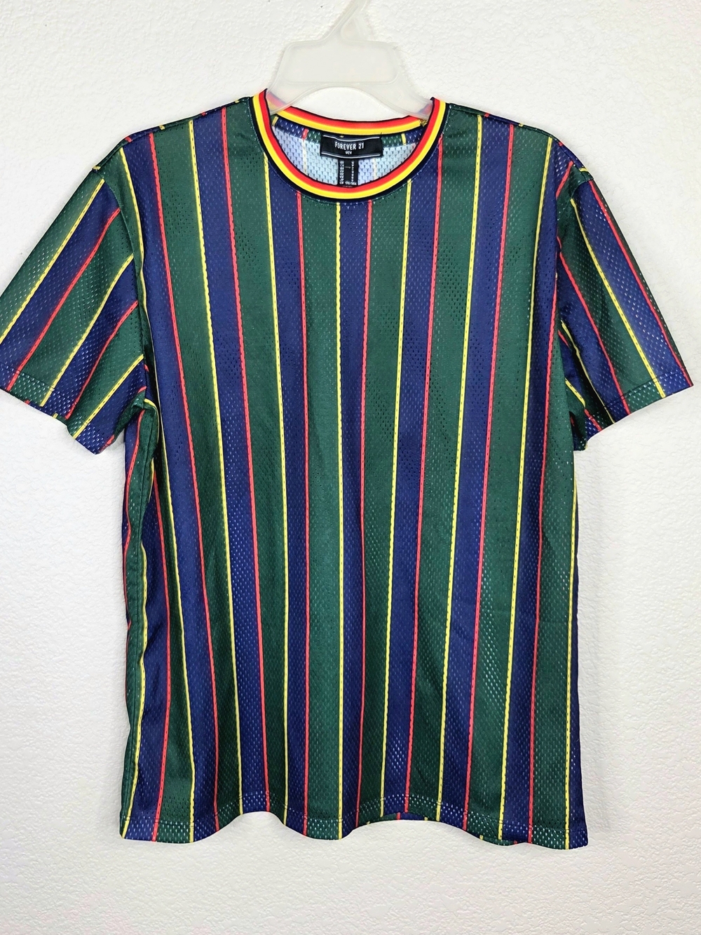 Forever 21 Men's S Multicolored Striped Mesh Jersey T-Shirt 90s Retro Streetwear